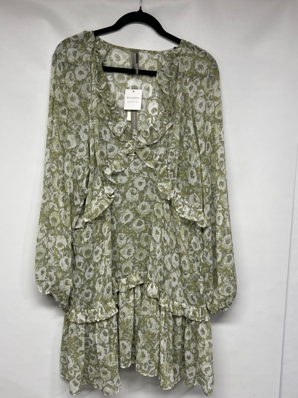 Anthropologie Sage Green Floral Ruffle Mini Dress
